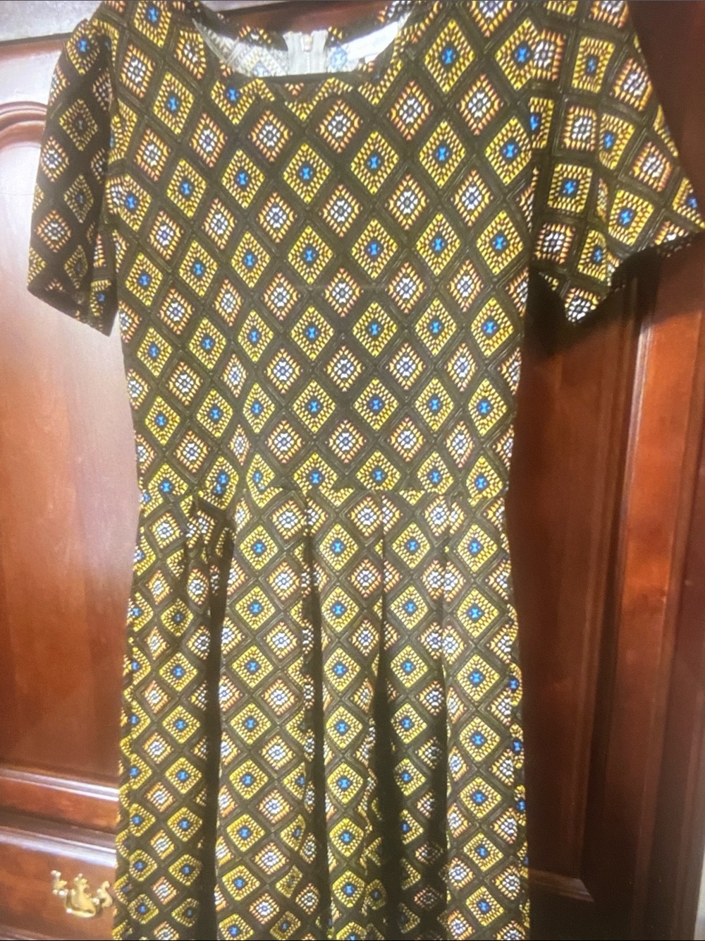 LuLaRoe Brown Dress with Yellow and Blue Diamond Motif